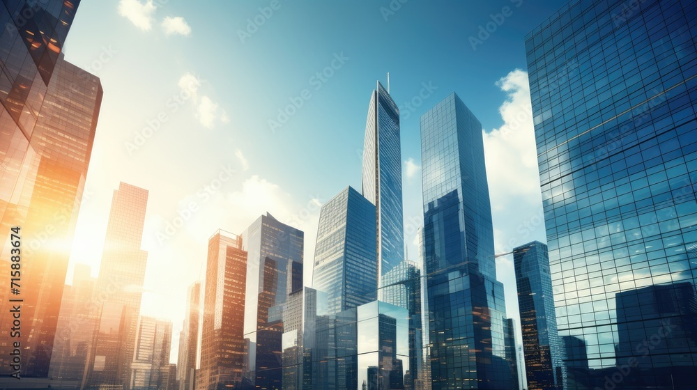 Business office buildings. skyscrapers in city, sunny day. Business wallpaper with modern high-rises with mirrored windows