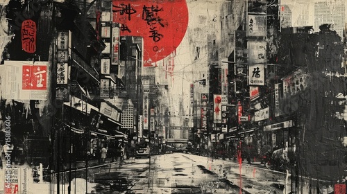 Generative AI  vintage grunge black and white collage poster with asian cityscape. Different textures and shapes 
