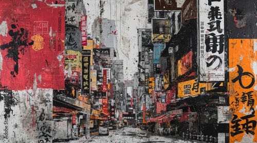 Generative AI, vintage grunge black and white collage poster with asian cityscape. Different textures and shapes 