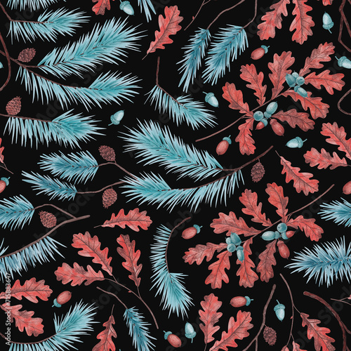 Isolated seamless pattern composed of watercolor drawings of emerald-orange branches and leaves of oak, acorns, branches and pine cones on a black background