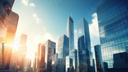 Business office buildings. skyscrapers in city, sunny day. Business wallpaper with modern high-rises with mirrored windows