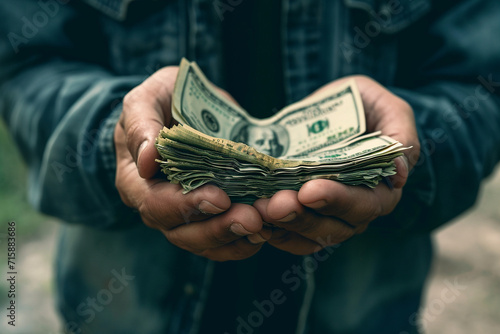 man holdin money with hands cartton minimalistic style photo
