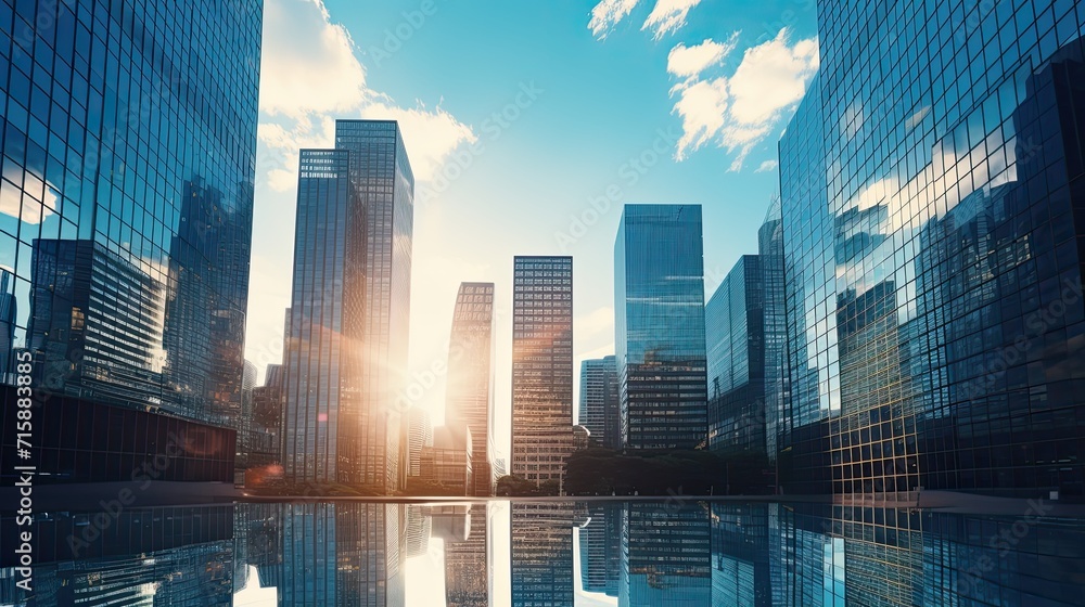 Business office buildings. skyscrapers in city, sunny day. Business wallpaper with modern high-rises with mirrored windows - obrazy, fototapety, plakaty 