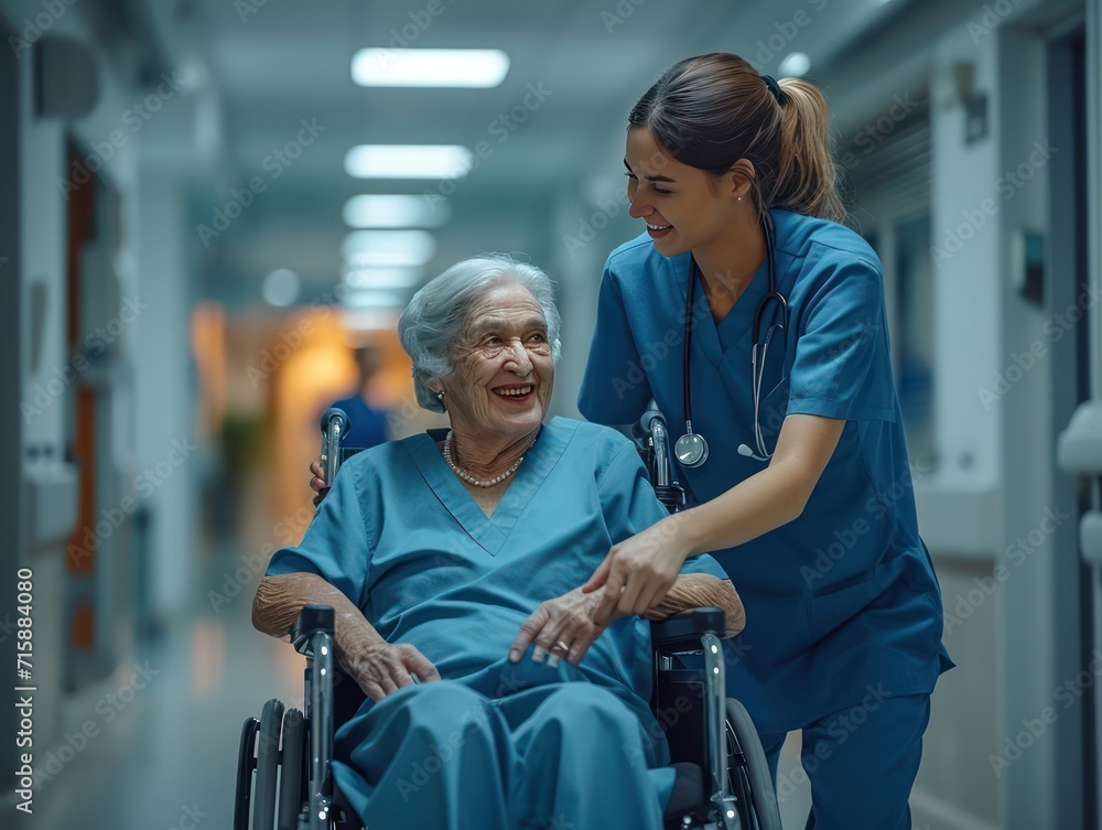 Joyful Moments in Care: A Compassionate Nurse and Elderly Patient Share a Smile in a Hospital Setting