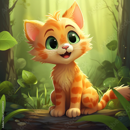 Adorable Realistic Cartoon of a Cute Orange Color Kitten on a Blurred Jungle Background