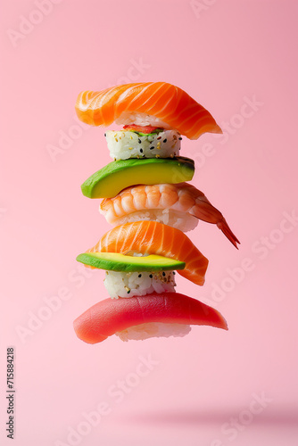 Sushi on a pastel pink background.Minimal concept. photo