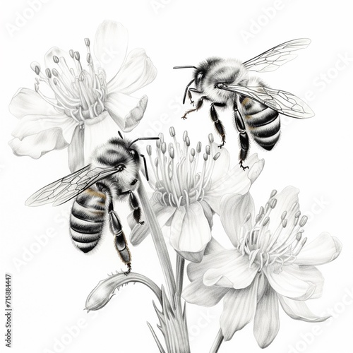 Pencil sketch bees collecting honey from natural Generative AI