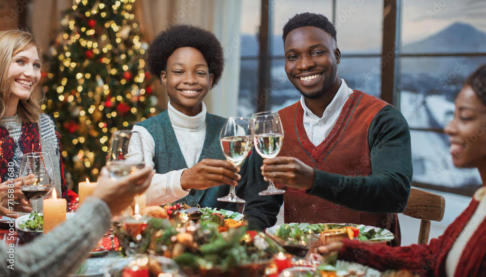 Portrait of a Handsome Young Black Man Proposing a Toast at a Christmas Dinner Table