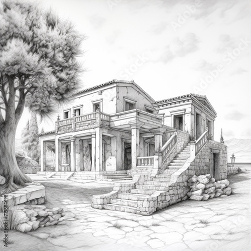 Pencil sketch best old greek house style anime image Generative AI