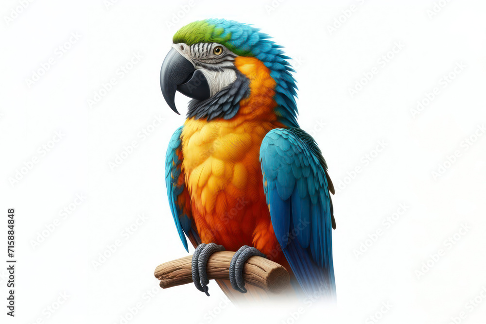 Fototapeta premium Macaw Parrot isolated on solid white background. ai generative