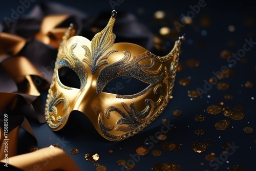 Golden Carnival mask on dark background. Mardi Gras concept. Festive background or design.