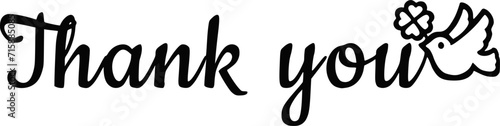 thank you と書かれた手書き文字のロゴ　鳩とクローバーのイラスト入りのデザイン文字