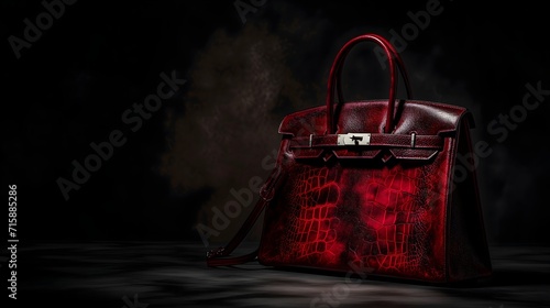 Red leather handbag isolated on black background