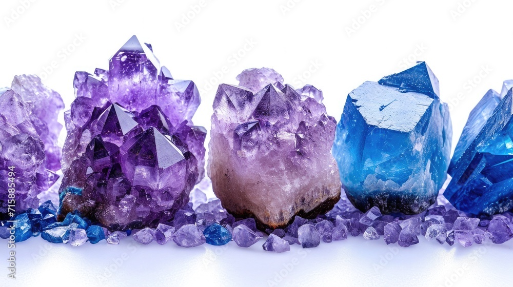 Tranquil collage of serene Amethyst, deep blue Lapis Lazuli, and vibrant Tanzanite, gracefully presented against a white backdrop Tranquil collage of serene Amethyst, deep blue Lapis Lazuli, and vibrant Tanzanite, gracefully presented against a white backdrop