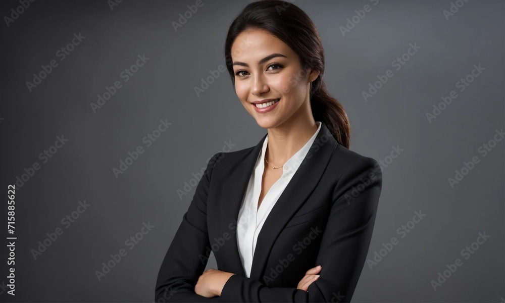 Happy young business woman posing isolated over grey wall background Happy young business woman posing isolated over grey wall background