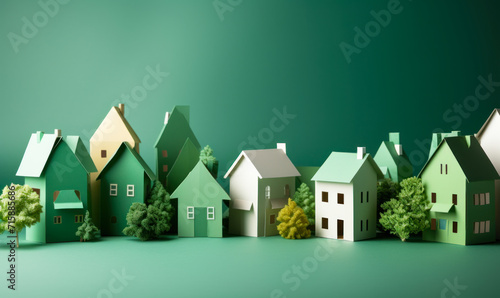 Assorted green paper houses on a green background symbolizing eco-friendly urban development, sustainable living, and community housing concepts photo