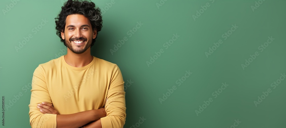 Happy young businessman in casual attire looking at camera on pastel background with copy space Happy young businessman in casual attire looking at camera on pastel background with copy space