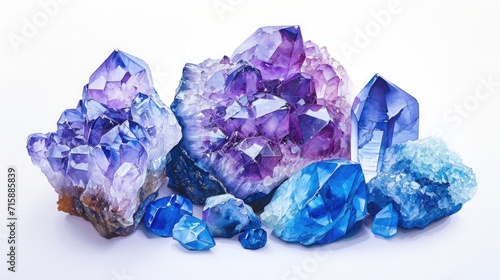 Tranquil collage of serene Amethyst, deep blue Lapis Lazuli, and vibrant Tanzanite, gracefully presented against a white backdrop