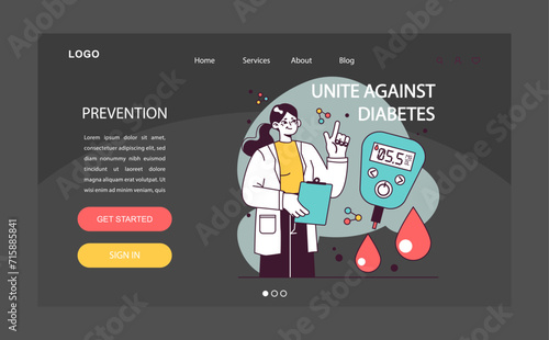 Diabetes prevention. Measuring sugar blood with glucometer. Glucose monitoring, glycemic index. Insulin therapy. Endocrine system disease. Vector illustration