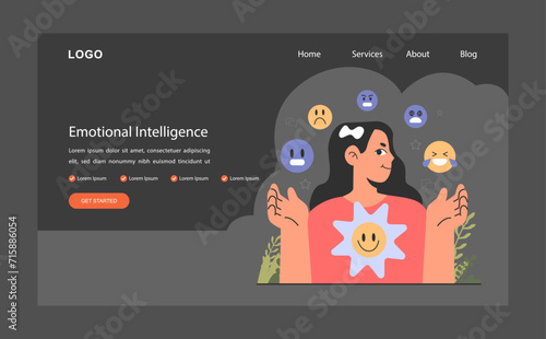 Emotional intelligence web banner or landing page dark or night mode. Emotion balance and control skill. EQ development. Deep understanding of emotions. Self-regulation. Flat vector illustration