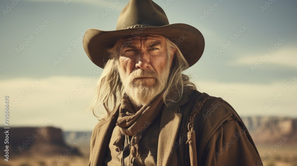 Photorealistic Old White Man with Blond Straight Hair retro Illustration. Portrait of a person in western movie vintage style. Cowboy spirit Ai Generated Horizontal Illustration.