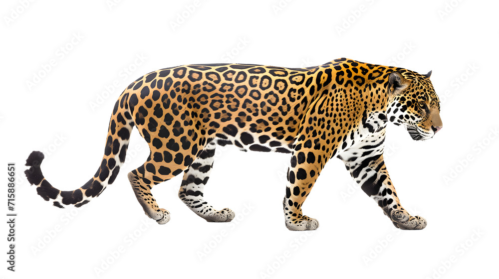 Majestic Leopard Walking on White, Powerful Wildlife Close-Up Photo Majestic Leopard Walking on White, Powerful Wildlife Close-Up Photo