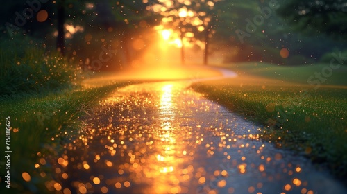 Serene sunset path with glistening raindrops and warm golden light