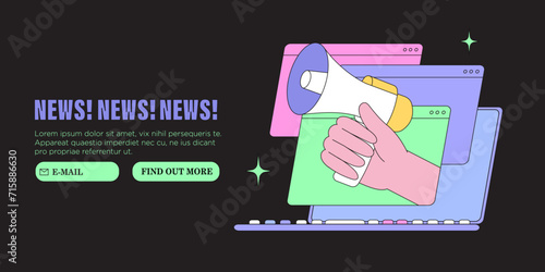 Hand with loud speaker share latest or hot news online on laptop screen. Break for news during working hours. Flat design vector graphic style illustration for web or social media banner, ui, app.