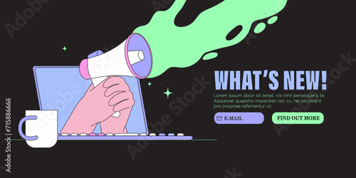 Hand with loud speaker share latest or hot news online on laptop screen. Break for news during working hours. Flat design vector graphic style illustration for web or social media banner, ui, app.