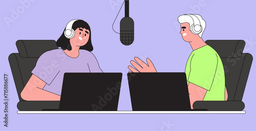 Live streaming, broadcast flat vector illustration. Male and female social media network bloggers collaboration. Vloggers cartoon characters talk. Interview, podcast, video recording in studio.