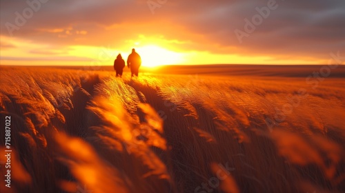 Couple walking through golden wheat field at sunset, concept of togetherness and nature