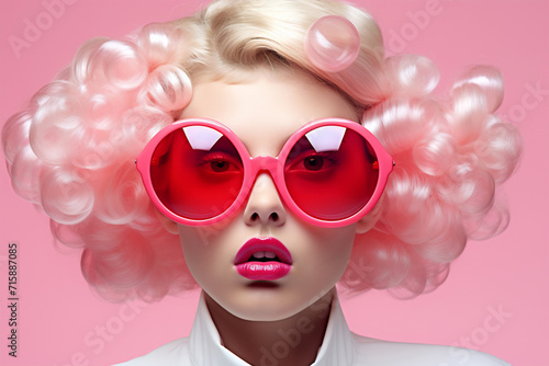 Fashion Model with Pink Curly Wig and Oversized Sunglasses