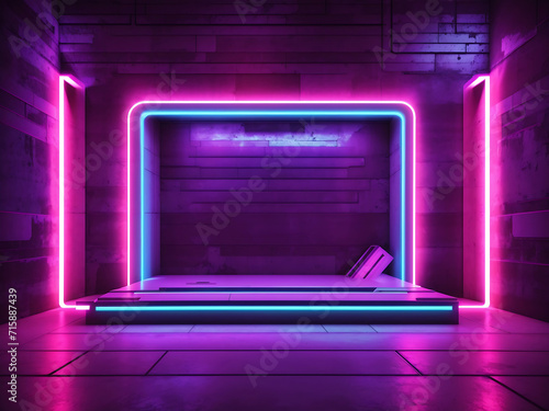 Futuristic Sci-Fi Elegant Modern Neon Glowing Rectangle Frame Shaped Lines Tubes Purple Pink Blue Colored Lights In Dark Empty Grunge Concrete Brick Room Background 3D Rendering Design.