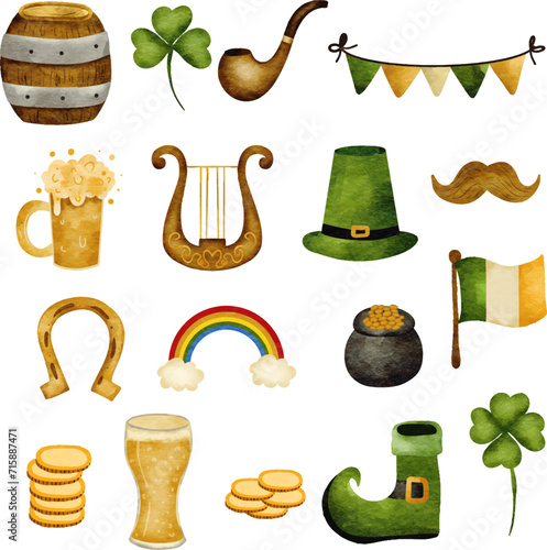 st patricks day set in watercolor