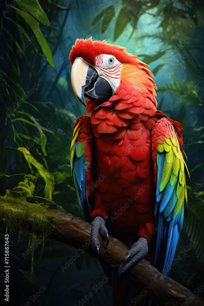 Macaw parrot sits on a branch in the wild