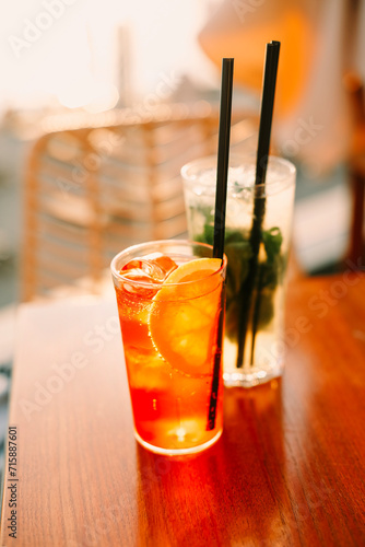 Cold cocktails on bar table