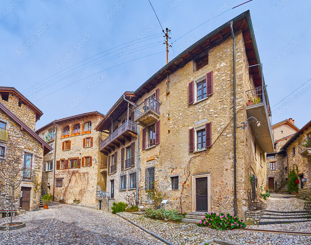 The stone streets of Bre Village, Monte Bre, Ticino, Switzerland