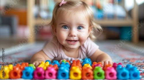 Adorable baby girl playing with colorful building blocks indoors