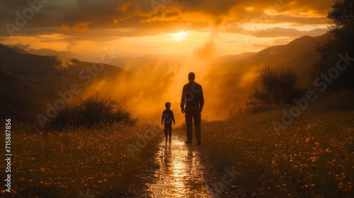 Father and son walking on path in golden sunset landscape