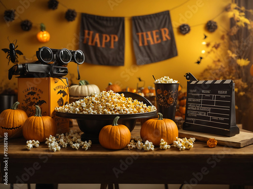 Gather friends for a Halloween cinema adventure  The side view shot features a table adorned with pumpkins  insects  3D glasses  clapperboard and popcorn boxes on a yellow wall background design.