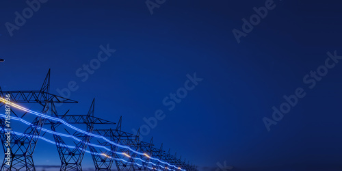 High voltage electric transmission tower with glowing current line, electrical power transmit through wire to city and house at night, Renewable green energy grid infrastructure concept 3d rendering photo