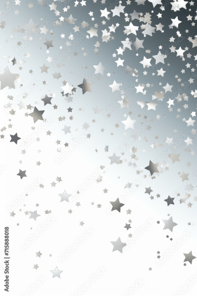 White background with silver stars falling from the sky to the ground.