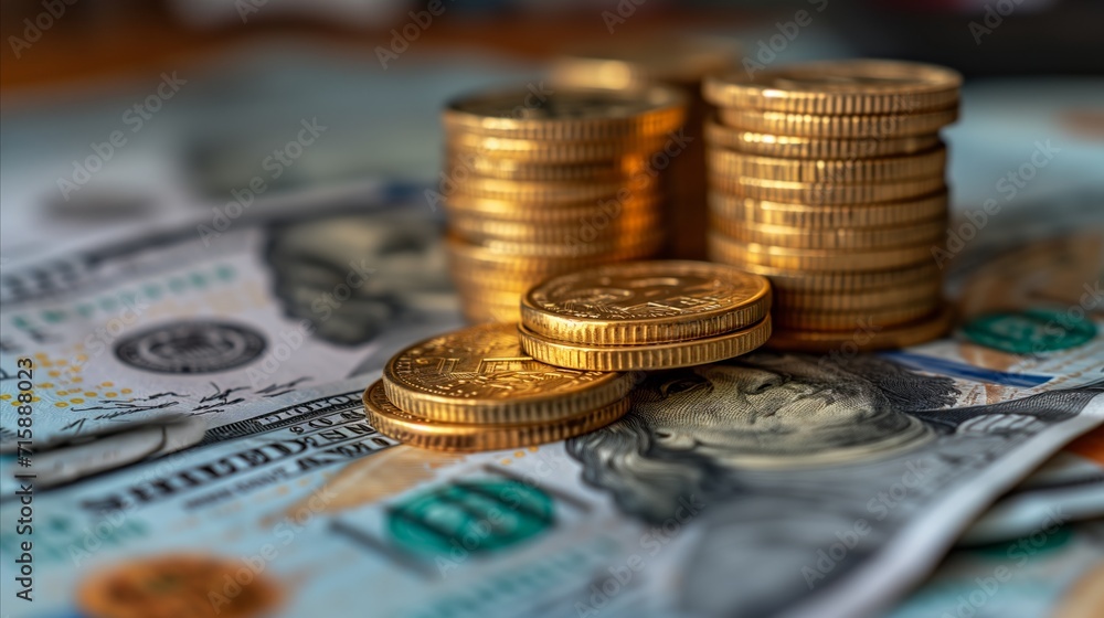 Close-up of stacked coins on us dollar bills concept Close-up of stacked coins on us dollar bills concept