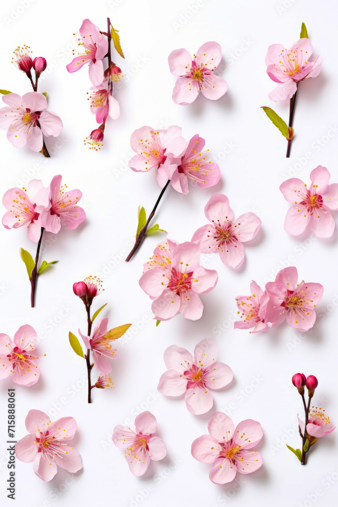 White background with pink flowers and leaves on it's side. White background with pink flowers and leaves on it's side.