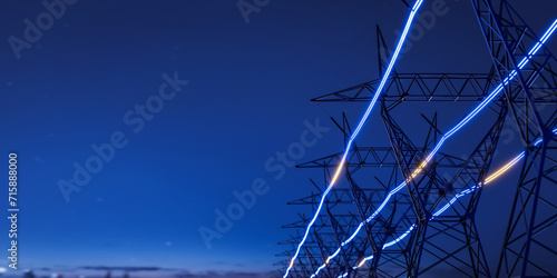 High voltage electric transmission tower with glowing current line, electrical power transmit through wire to city and house at night, Renewable green energy grid infrastructure concept 3d rendering