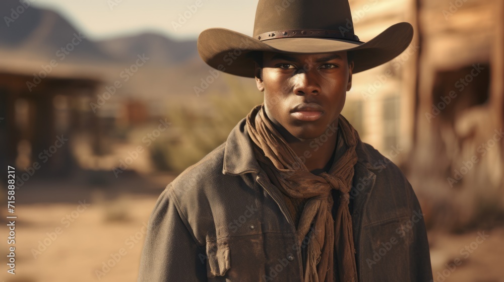 Photorealistic Teen Black Man with Brown Straight Hair retro Illustration. Portrait of a person in western movie vintage style. Cowboy spirit Ai Generated Horizontal Illustration. Photorealistic Teen Black Man with Brown Straight Hair retro Illustration. Portrait of a person in western movie vintage style. Cowboy spirit Ai Generated Horizontal Illustration.