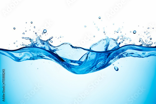 Blue wave of water with bubbles on white background with blue sky.