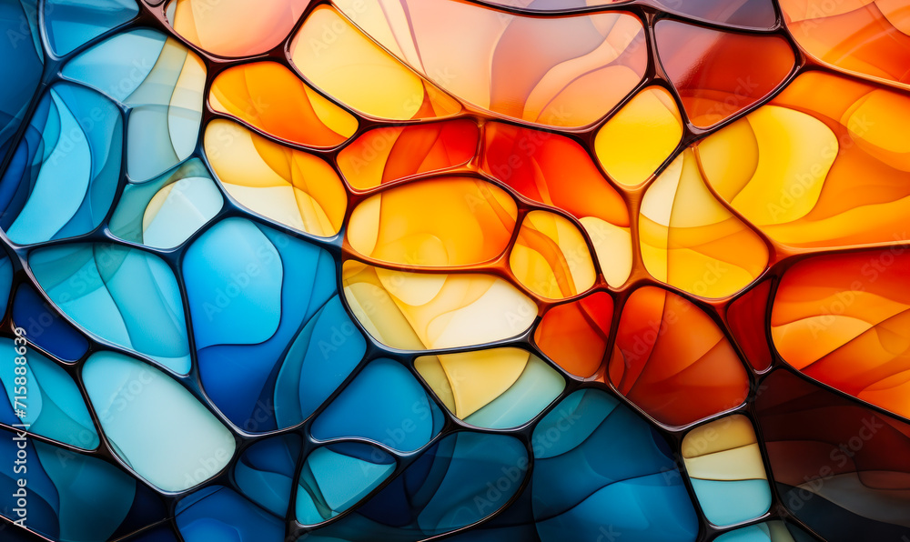 Colorful abstract stained glass pattern with a vibrant mosaic of interconnected shapes in varying shades of blue, orange, and yellow Colorful abstract stained glass pattern with a vibrant mosaic of interconnected shapes in varying shades of blue, orange, and yellow