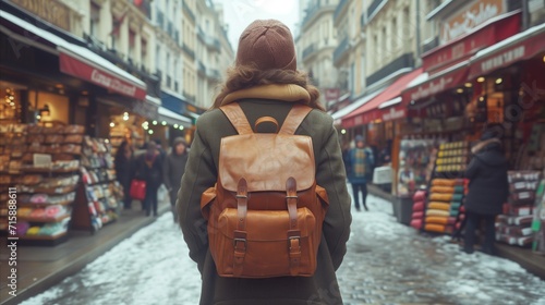 Female traveler exploring snowy city street with backpack photo