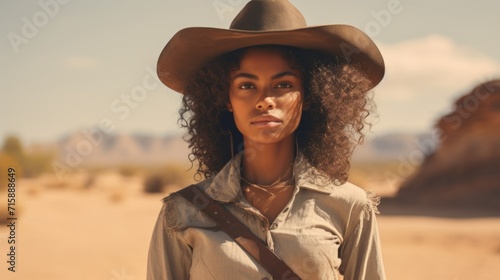 Photorealistic Teen Black Woman with Brown Curly Hair retro Illustration. Portrait of a person in western movie vintage style. Cowboy spirit Ai Generated Horizontal Illustration. photo